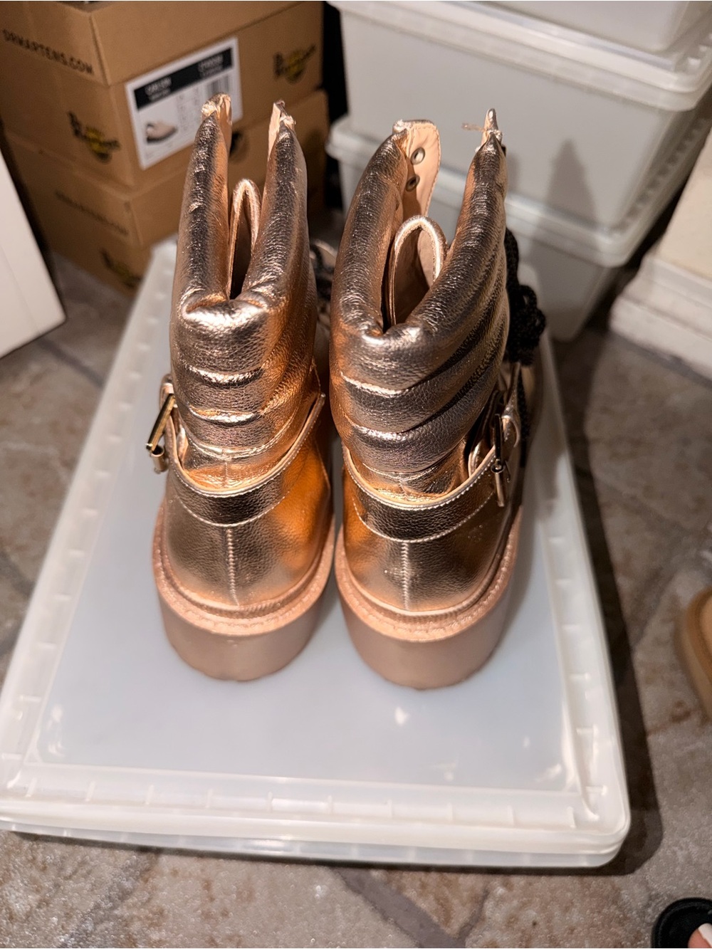 Metallic Rose Gold Women's Lace-Up Ankle Boots - Picture 3 of 4